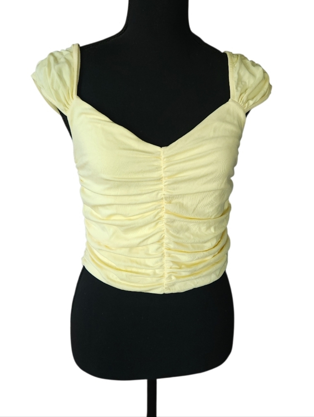 Elodie Butter Yellow Ruched Cap Sleeve Crop Top Size L